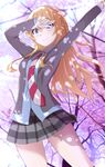  arms_up bad_id bad_pixiv_id blonde_hair blue_eyes guanghe_zuoyong_de_de_yezi highres long_hair miyazono_kawori necktie outdoors pleated_skirt school_uniform shigatsu_wa_kimi_no_uso skirt solo tree 