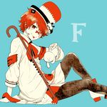  :p arm_support asymmetrical_clothes bandaged_arm bandages bandaid bandaid_on_nose blue_background boots cane flag from_side fukase hat head_flag headset kikuchi_mataha looking_at_viewer male_focus mini_flag open_mouth point_(vocaloid) red_eyes red_hair red_sclera scar simple_background sitting smile tongue tongue_out top_hat vocaloid 