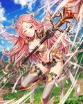  boots breasts choker cleavage cloud day fantasy flying gabiran gloves long_hair medium_breasts miniskirt navel official_art one_eye_closed parted_lips pink_eyes pink_hair polearm shoulder_armor side_slit skirt sky smile solo spaulders swinging tenkuu_no_crystalia thigh_boots thighhighs weapon 