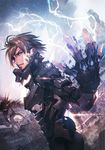  armor blue_eyes brown_hair fingerless_gloves gloves highres isaac_hein_iii lightning male_focus original profile solo 