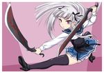  absolute_duo black_footwear black_legwear blouse blue_skirt dual_wielding frilled_skirt frills hair_ribbon holding holding_weapon kouryou_academy_uniform long_hair long_sleeves miniskirt panties pantyshot pantyshot_(squatting) red_eyes ribbon shoes silver_hair skirt solo split squatting sword thighhighs two_side_up underwear wan'yan_aguda weapon white_panties yurie_sigtuna 