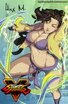  absurdres alex_mendez alternate_costume asymmetrical_hair bra breasts buruma cleavage cornrows dougi electricity highres large_breasts laura_matsuda looking_at_viewer navel open_clothes solo stomach street_fighter street_fighter_v underwear 