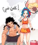  1girl ass_grab black_hair blue_hair fairy_tail gajeel_redfox levy_mcgarden rusky smile surprised water 