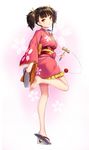  barefoot blade brown_eyes brown_hair choker drogoth feet from_behind full_body highres japanese_clothes kendama kimono koutetsujou_no_kabaneri long_hair looking_back mumei_(kabaneri) obi pink_kimono ribbon ribbon_choker sandals sash shoes short_kimono short_yukata single_shoe smile solo standing standing_on_one_leg toes twintails yukata 