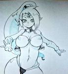  bikini breasts cleavage earrings erect_nipples female gradient gradient_background jewelry large_breasts long_hair looking_at_viewer monochrome navel pointy_ears shantae shantae_(character) solo swimsuit wayforward 