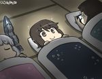  :o bangs black_hair blunt_bangs brown_hair closed_eyes commentary dark_room dated futon hamu_koutarou handheld_game_console hatsuyuki_(kantai_collection) headgear kantai_collection long_hair lying miyuki_(kantai_collection) multiple_girls murakumo_(kantai_collection) on_back on_stomach pillow playstation_portable sleeping smile sparkle under_covers white_hair 