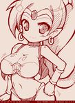  breasts circlet cleavage contrapposto dated earrings hand_on_hip hatching_(texture) high_ponytail jewelry large_breasts long_hair midriff miyata_gakuman monochrome navel o-ring o-ring_top pointy_ears red shantae_(character) shantae_(series) smile solo standing tegaki_draw_and_tweet twitter_username vest wrist_cuffs 