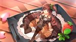  bare_shoulders brown_eyes brown_hair cake dress food food_themed_hair_ornament food_themed_ornament fruit hair_ornament highres kamisakai leaf long_hair minigirl one_side_up original slice_of_cake solo strapless strapless_dress strawberry thighhighs 