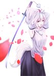 animal_ears bare_shoulders breasts cacao_devil detached_sleeves fang hat inubashiri_momiji medium_breasts open_clothes open_shirt petals pom_pom_(clothes) red_eyes shirt short_hair silver_hair simple_background solo sword tail tokin_hat touhou weapon white_background wolf_ears wolf_tail 