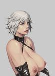  areolae bad_id bad_pixiv_id bikini blue_eyes breasts choker christie_(doa) cleavage dead_or_alive elbow_gloves gloves large_breasts lips nipples open_bikini open_clothes short_hair silver_hair solo swimsuit upper_body very_short_hair xxoom 