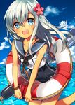  bad_id bad_pixiv_id highres kantai_collection lifebuoy long_hair looking_at_viewer moriki one-piece_swimsuit open_mouth ro-500_(kantai_collection) smile solo swimsuit swimsuit_under_clothes tan tanline torpedo water 
