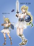  blonde_hair blue_eyes braid breasts bula cleavage commentary_request dated dress large_breasts long_hair multiple_girls no_bra sandals shield single_braid sophitia_alexandra soulcalibur soulcalibur_iv sword weapon 