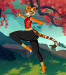  anthro big_butt butt china clothing cocaine-leopard felid female happy kung_fu kung_fu_panda long_legs mammal master_tigress on_one_leg outside pantherine pants pose rear_view smile solo standing tiger tight_clothing tree 