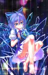 bad_id bad_pixiv_id barefoot blue_dress blue_eyes blue_hair blush cirno dress frog frozen full_body hair_ribbon ice ice_wings looking_down panties pantyshot puffy_sleeves ribbon short_hair short_sleeves smile solo sparkle sw_(2311550438) touhou underwear white_panties wings wrist_cuffs 