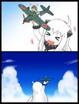  &gt;_&lt; 2girls :d ahoge aircraft airplane closed_eyes comic dress fairy_(kantai_collection) grey_hair highres horn horns kantai_collection long_hair minigirl mittens multiple_girls northern_ocean_hime open_mouth pale_skin sleeveless sleeveless_dress smile suisei_(kantai_collection) tsukemon white_dress white_hair white_skin xd yokosuka_d4y 