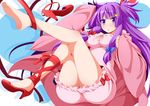  ass blue_bow bow breasts crescent crescent_hair_ornament dress eichi_yuu hair_bow hair_ornament hair_ribbon high_heels knees_together_feet_apart large_breasts legs_up long_hair long_sleeves patchouli_knowledge purple_eyes purple_hair red_bow red_footwear red_ribbon ribbon shoes short_dress sidelocks single_shoe skin_tight solo touhou wide_sleeves 