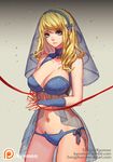  artist_name babydoll bare_shoulders blonde_hair blue_bow blue_eyes blue_gloves blue_panties blush bow breasts bridal_gauntlets cat_ear_panties cowboy_shot fingerless_gloves gloves grey_background hair_bow hairband holding large_breasts league_of_legends lips luxanna_crownguard midriff navel panties red_string see-through side-tie_panties simple_background smile solo songjikyo standing stomach string underwear veil watermark web_address 