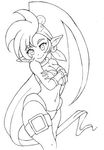  cleavage earrings female jewelry looking_at_viewer monochrome navel pointy_ears shantae shantae_(character) smile solo very_long_hair wayforward white_background 