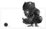  ball black_panther_(marvel) cape chibi claws double_tens greyscale male_focus marvel mask monochrome panther rectangle simple_background solo squatting superhero t'challa white_background 