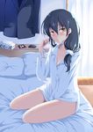  bangs bed between_legs black_hair blazer_removed blush brown_eyes cellphone hair_between_eyes hair_twirling hand_between_legs hiba_(p-p-purin) long_hair love_live! love_live!_school_idol_project low-tied_long_hair naked_shirt on_bed phone pillow scrunchie shirt sitting sitting_on_bed smartphone smile solo sonoda_umi tissue_box yokozuwari 