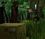  artist_request cardboard_box cat copyright_name forest guard gun metal_gear_(series) metal_gear_solid_3 military nature soldier trees uniform weapon 