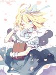  adapted_costume alice_margatroid alternate_costume blonde_hair blue_eyes blush book capelet hairband one_eye_closed petals puffy_sleeves ribbon shirt short_hair short_sleeves skirt solo touhou violet_(qs312556616) wind wrist_cuffs 