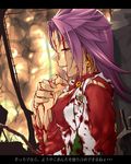  blood commentary_request destruction fire highres injury japanese_clothes jewelry jun'you_(kantai_collection) kantai_collection long_hair minobu_jentoru purple_eyes purple_hair ring severed_arm severed_limb smile solo translation_request wedding_band 