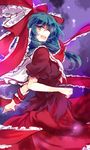  arm_ribbon bow cowboy_shot front_ponytail green_eyes green_hair hair_bow kagiyama_hina kutsuki_kai long_hair looking_at_viewer open_mouth puffy_short_sleeves puffy_sleeves ribbon shirt short_sleeves skirt smile solo touhou 