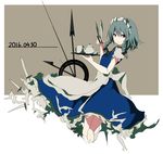  apron blue_dress braid clock_hands cup dress frilled_dress frills hair_ribbon izayoi_sakuya knife maid maid_apron maid_headdress mug puffy_sleeves red_eyes ribbon shishi_osamu short_sleeves silver_hair simple_background solo tea_set teapot touhou twin_braids waist_apron 