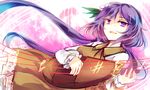  beamed_sixteenth_notes biwa_lute brown_dress dress eighth_note flower hair_flower hair_ornament instrument kutsuki_kai long_hair looking_at_viewer low_twintails lute_(instrument) music musical_note open_mouth playing_instrument purple_eyes purple_hair quarter_note solo touhou tsukumo_benben twintails very_long_hair 