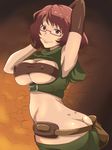  arms_up ass banboro_(technobot) barbara_(grimgar) breasts butt_crack erect_nipples hai_to_gensou_no_grimgar large_breasts looking_at_viewer red-framed_glasses red_eyes semi-rimless_glasses short_hair smile solo standing underboob underbust upper_body 