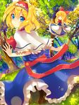  alice_margatroid apron blonde_hair blue_dress blush capelet doll dress dutch_angle forest from_behind hair_ribbon hairband highres long_hair looking_at_viewer looking_back nail_polish nature parted_lips ribbon sash shanghai_doll short_hair solanikieru solo sunlight touhou tree waist_apron 