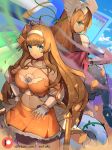  2girls armor bangs bare_shoulders blonde_hair blue_eyes blue_sky bow breasts cape choker cleavage closed_mouth cloud crop_top dragalia_lost expressionless eyebrows_visible_through_hair fingerless_gloves flag flower gauntlets gloves grey_gloves hair_flower hair_ornament hairband hand_on_hip head_wings hentaki highres holding holding_flag jeanne_d&#039;arc_(dragalia_lost) julietta_(dragalia_lost) large_breasts light_particles long_hair looking_at_viewer midriff miniskirt multiple_girls navel orange_bow orange_choker orange_skirt patreon_username pointy_ears red_cape shoulder_armor sidelocks skirt sky smoke sparkle standing stomach white_flower 
