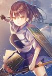  arrow bow_(weapon) brown_eyes brown_hair gloves highres io_enishi japanese_clothes kaga_(kantai_collection) kantai_collection long_hair muneate open_mouth side_ponytail skirt solo weapon 