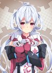  ahoge blush breasts dress flower gloves hair_between_eyes hair_rings holding holding_flower innocent_one large_breasts long_hair looking_at_viewer matoi_(pso2) milkpanda phantasy_star phantasy_star_online_2 red_eyes silver_hair smile solo twintails upper_body 