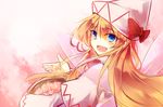  basket blonde_hair blue_eyes capelet cherry_blossoms fairy_wings hat hat_ribbon kutsuki_kai lily_white long_hair long_sleeves looking_at_viewer open_mouth petals ribbon smile solo touhou upper_body wide_sleeves wings 