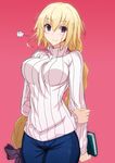  :&gt; arms_behind_back blonde_hair blue_pants blush book braid breasts casual cowboy_shot denim eyebrows eyebrows_visible_through_hair fate/apocrypha fate_(series) hand_on_own_arm highres holding holding_arm holding_book jeanne_d'arc_(fate) jeanne_d'arc_(fate)_(all) jeans large_breasts long_hair long_sleeves looking_at_viewer pants pink_background purple_eyes ribbed_sweater sigh simple_background single_braid solo sweater tareme turtleneck vane very_long_hair 