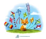 animal blue_bow blue_sky bow brown_fur closed_eyes closed_mouth cloud commentary cryptid_creations day field fox full_body fur grass kite no_humans original outdoors plant red_bow sky smile solo toon watermark web_address wind 