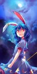  animal_ears blue_dress blue_hair bunny_ears bunny_tail cloud cloudy_sky cowboy_shot crying dress kutsuki_kai looking_at_viewer open_mouth puffy_short_sleeves puffy_sleeves red_eyes seiran_(touhou) short_sleeves sky solo tail touhou wavy_mouth 