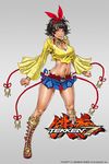  black_hair blush bra_strap breasts brown_eyes collar earrings frills full_body hair_ornament jewelry josie_rizal large_breasts midriff navel pout sandals shoes short_hair simple_background solo tekken tekken_7 thighs yamashita_shun'ya 