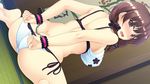  arimori_tsumugi arms_behind_back bare_shoulders barefoot bdsm blush bondage bra breasts brown_eyes brown_hair cuffs female game_cg handcuffs huge_breasts looking_at_viewer love_bitch love_bitch_(company) ni-zumabu!! open_mouth panties sitting solo white_panties 