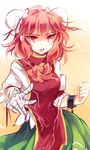  bandaged_arm bandages bun_cover cowboy_shot cuffs double_bun flower ibaraki_kasen kutsuki_kai looking_at_viewer open_mouth puffy_short_sleeves puffy_sleeves red_eyes red_flower red_hair red_rose rose shackles shirt short_sleeves skirt solo tabard touhou 