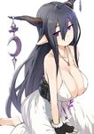  antenna_hair bandages barefoot black_gloves breasts cleavage danua draph fingerless_gloves gloves granblue_fantasy highres horns huge_breasts long_hair pen_(pen3) pointy_ears purple_eyes simple_background sketch solo white_background 