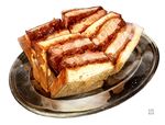  food meat momiji_mao no_humans original plate pork sandwich simple_background sparkle white_background 