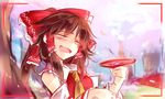  blush brown_hair cherry_blossoms closed_eyes cup drooling drunk hair_ornament hair_ribbon hakurei_reimu kutsuki_kai open_mouth outdoors ribbon sakazuki short_hair solo taking_picture touhou tree upper_body viewfinder 