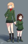  alternate_height bangs black_footwear black_legwear black_skirt blew_andwhite blonde_hair blue_eyes breasts brown_hair buttons girls_und_panzer green_jacket grey_background hair_between_eyes hand_on_hip height_switch highres holding_hands jacket katyusha large_breasts loafers long_hair long_sleeves military military_uniform miniskirt multiple_girls nonna oppai_loli pleated_skirt pravda_school_uniform red_shirt role_reversal school_uniform shadow shirt shoes short_hair signature simple_background skirt socks standing turtleneck uniform 