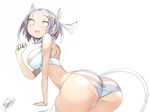  :d animal_ears ass back breasts cat_ears fang hair_ornament hairclip i_(deichi) large_breasts open_mouth original panties purple_hair short_hair sideboob smile solo striped striped_panties tail thighhighs underwear underwear_only white_eyes white_legwear 