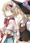  alice_margatroid blonde_hair blue_eyes braid capelet clenched_teeth hairband hat kirisame_marisa mitsunara multiple_girls short_hair simple_background single_braid smile teeth touhou white_background witch_hat yellow_eyes 