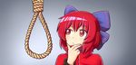  blue_bow bow chin_stroking commentary gradient gradient_background grey_background hair_bow hair_ribbon hand_on_own_chin man_looking_at_noose_(meme) meme noose parody photo-referenced portrait red_eyes red_hair ribbon rope sekibanki short_hair simple_background solo thinking touhou wool_(miwol) 