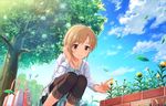  aiba_yumi artist_request bag blonde_hair cloud collarbone day flower idolmaster idolmaster_cinderella_girls idolmaster_cinderella_girls_starlight_stage jewelry leaf necklace official_art sky smile solo squatting tree wind 